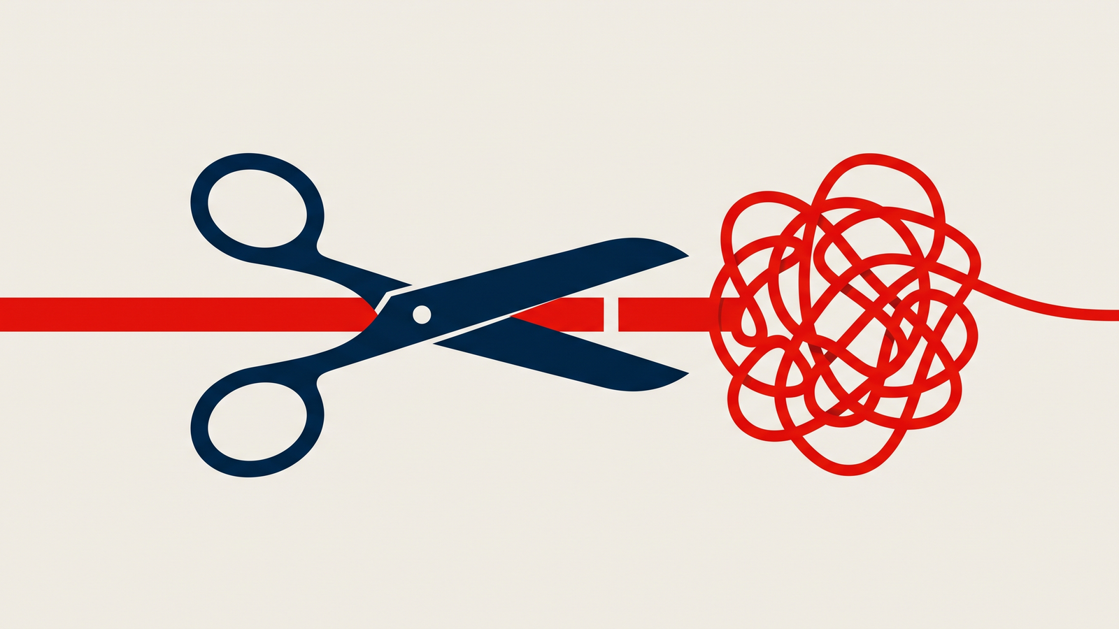 Navy scissors cutting a straight red ribbon; past the cut the ribbon becomes a dense tangled knot